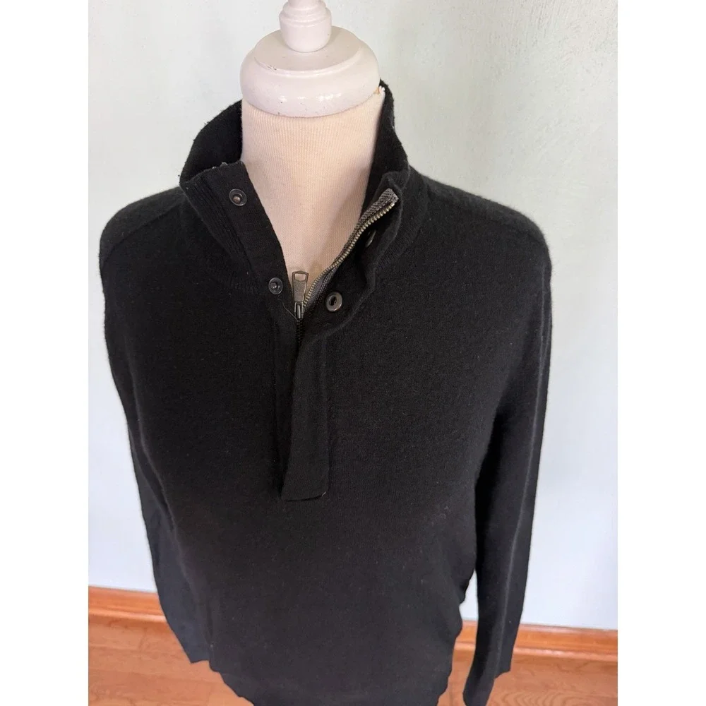 Banana Republic Men's Black Wool Blend Sweater Sz L 1/4 Zip & Snap Pullover‎